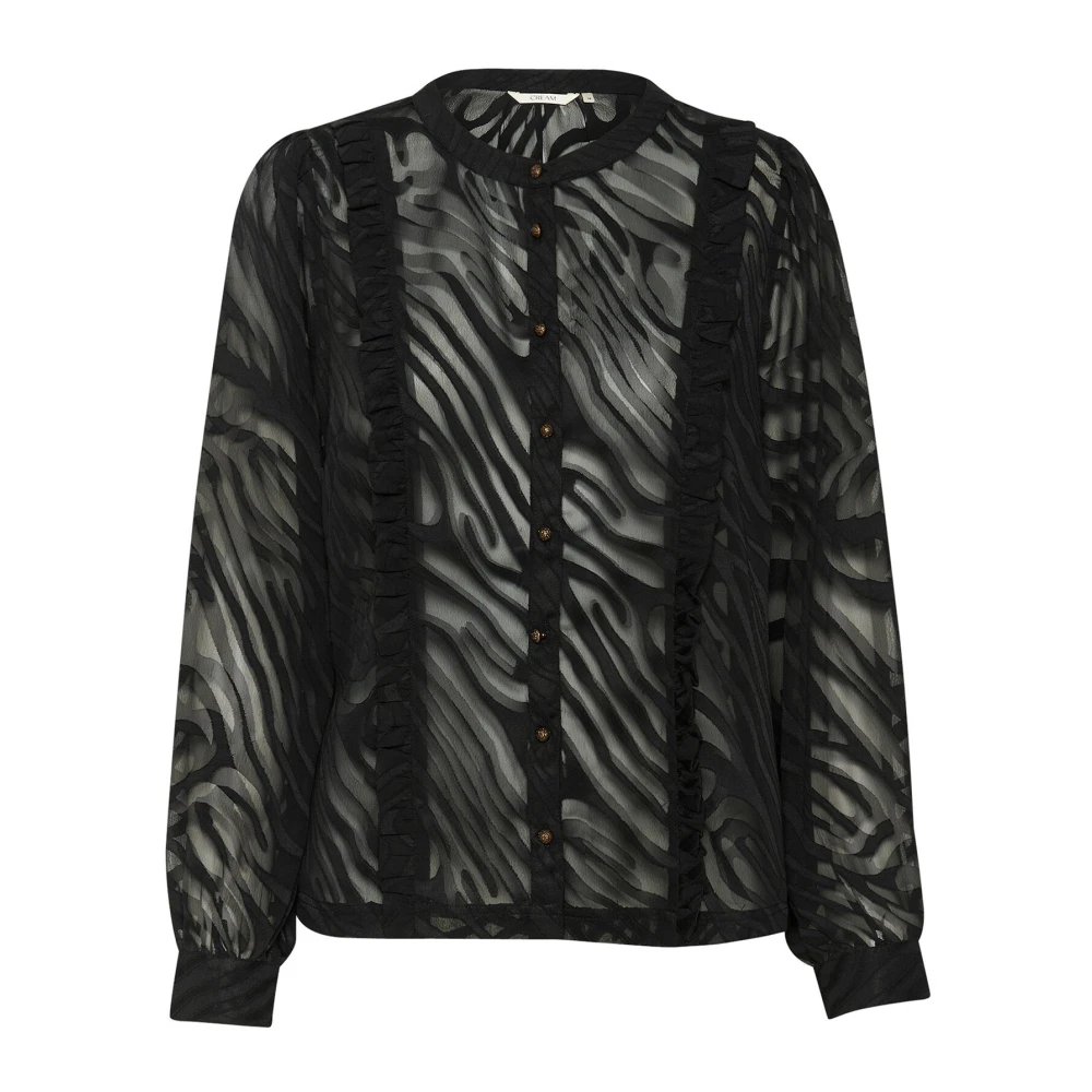 Cream Black Animal Mesh Blouse With Ruffles - Female - Shirts - M - Blouses & Shirts