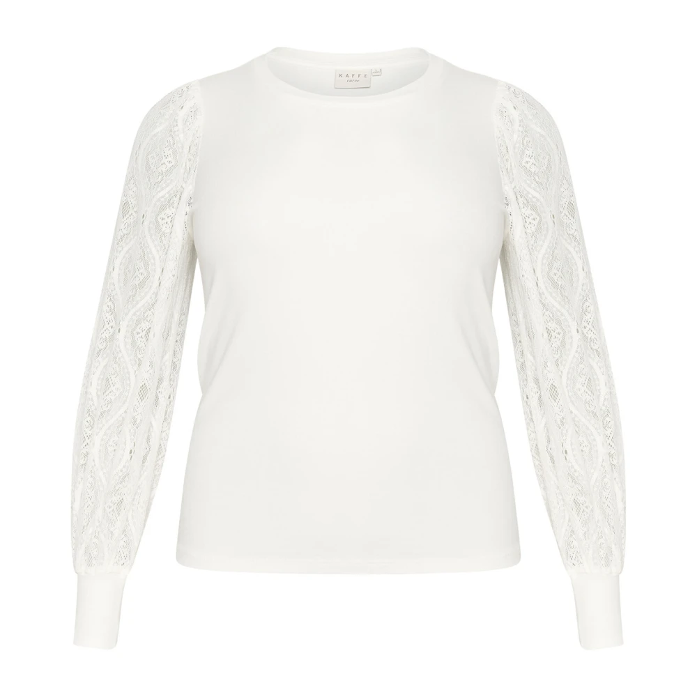 Kaffe Curve Elegante Jersey Blouse met Kantmouwen White Dames