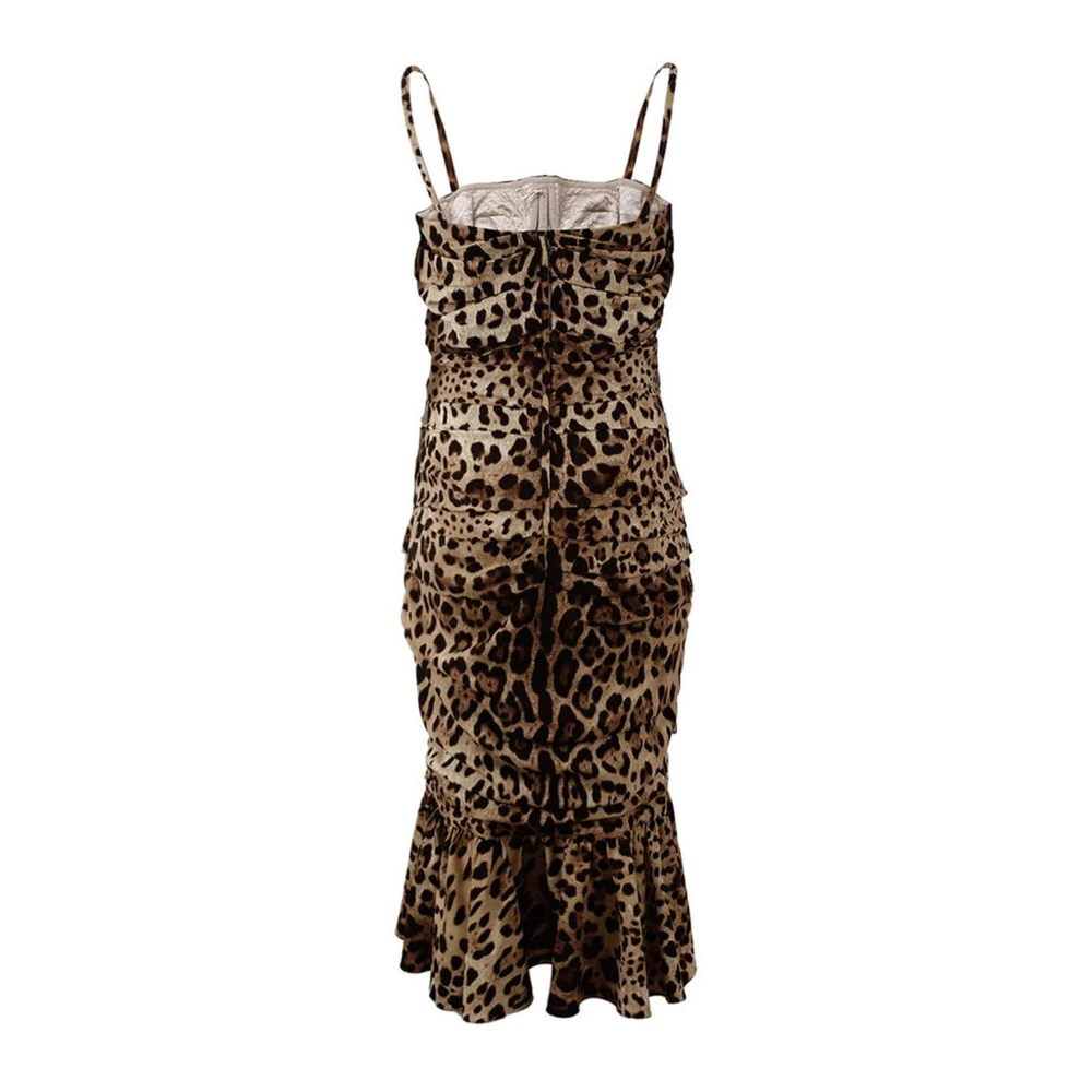 Dolce & Gabbana Luipaardprint Zijden Jurk Mouwloos Kuitlengte Brown Dames