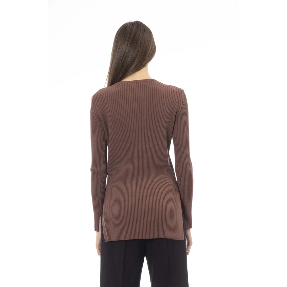 Alpha Studio Ronde Hals Trui met Zijsplitten Brown Dames