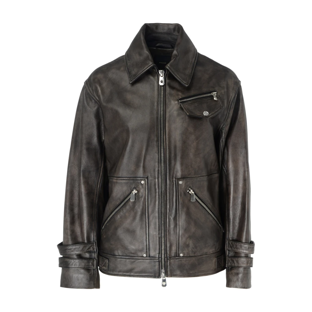 Pinko Bruine Verouderde Leren Jas Grotta Model Brown Dames