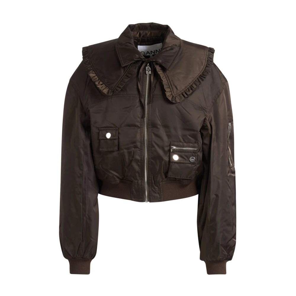 Ganni Women's Black Bomber Jackets, S, Duchesse Nylon Bomber Jacket