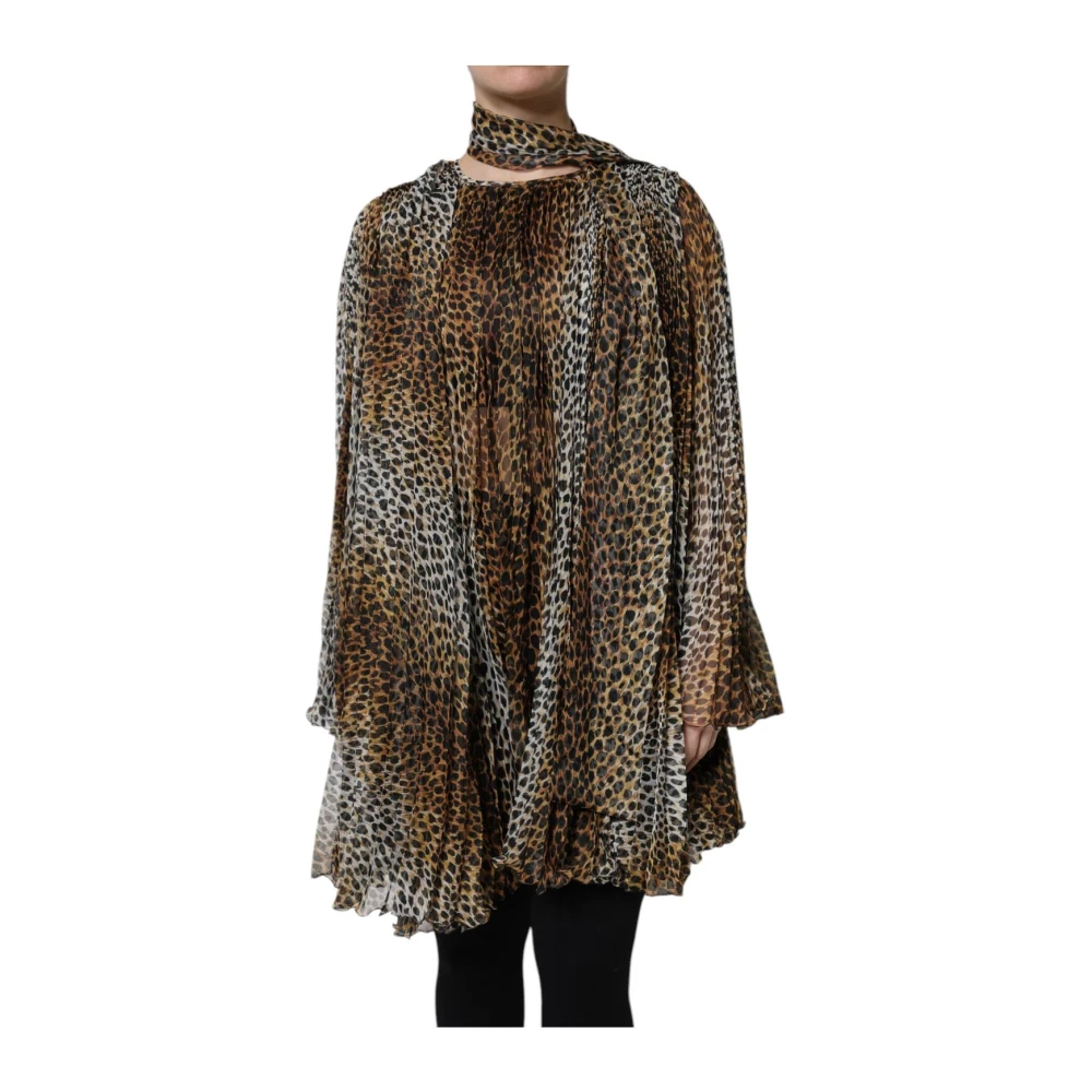 Dolce & Gabbana Women's Brown Short Dresses, M, Leopard Print Mini Dress With Scarf Collar