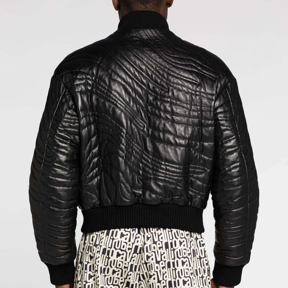 Roberto Cavalli Gewatteerd Leren Bomberjack Black Heren