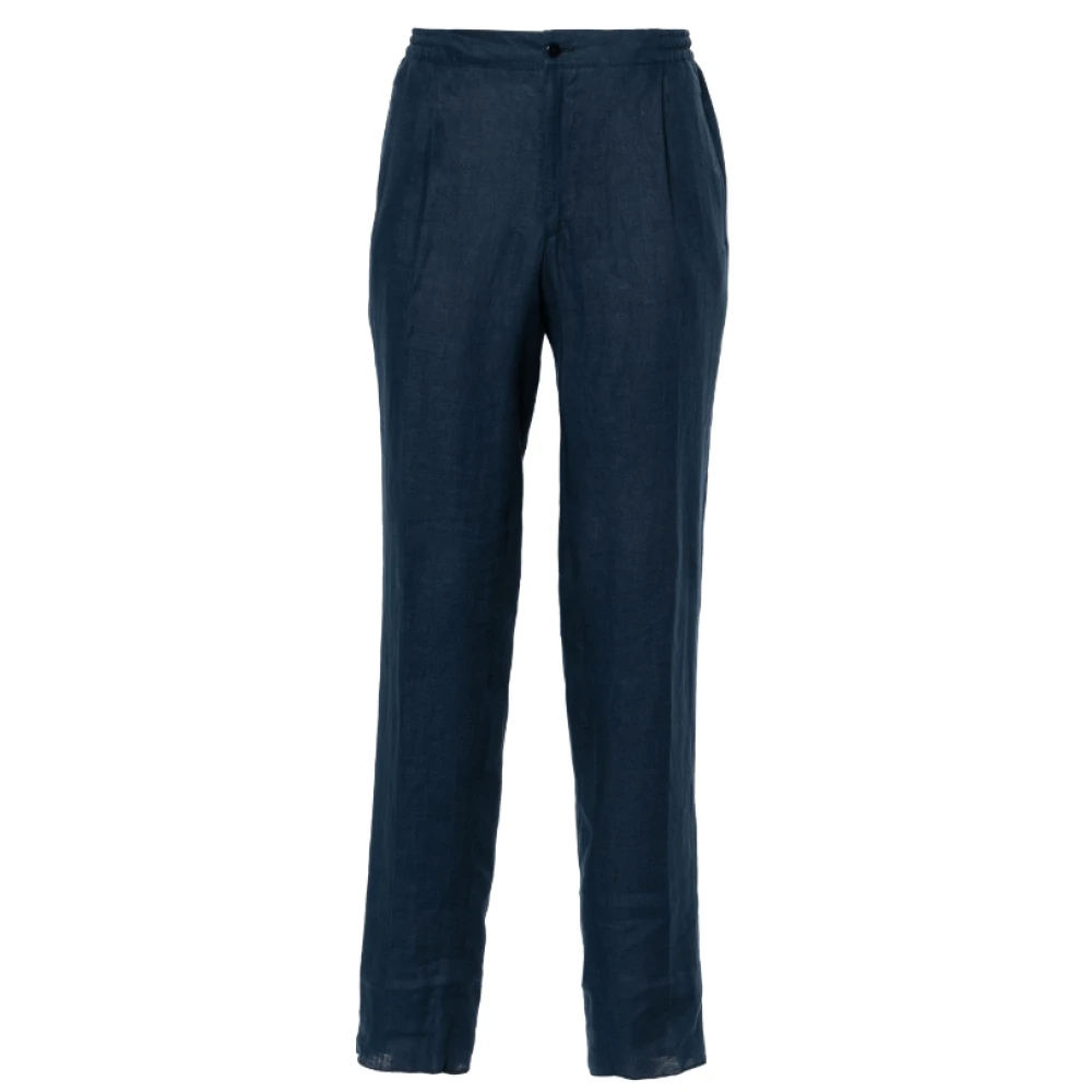 Kiton Navy Blue Linen Tapered Trousers Blue Heren
