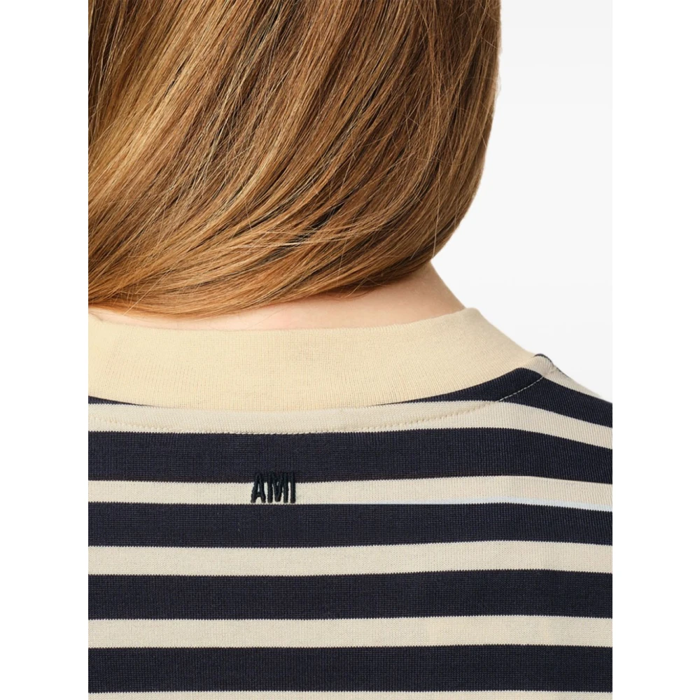 Ami Paris Zwarte Gestreepte Natuurlijke T-shirt Blue Dames
