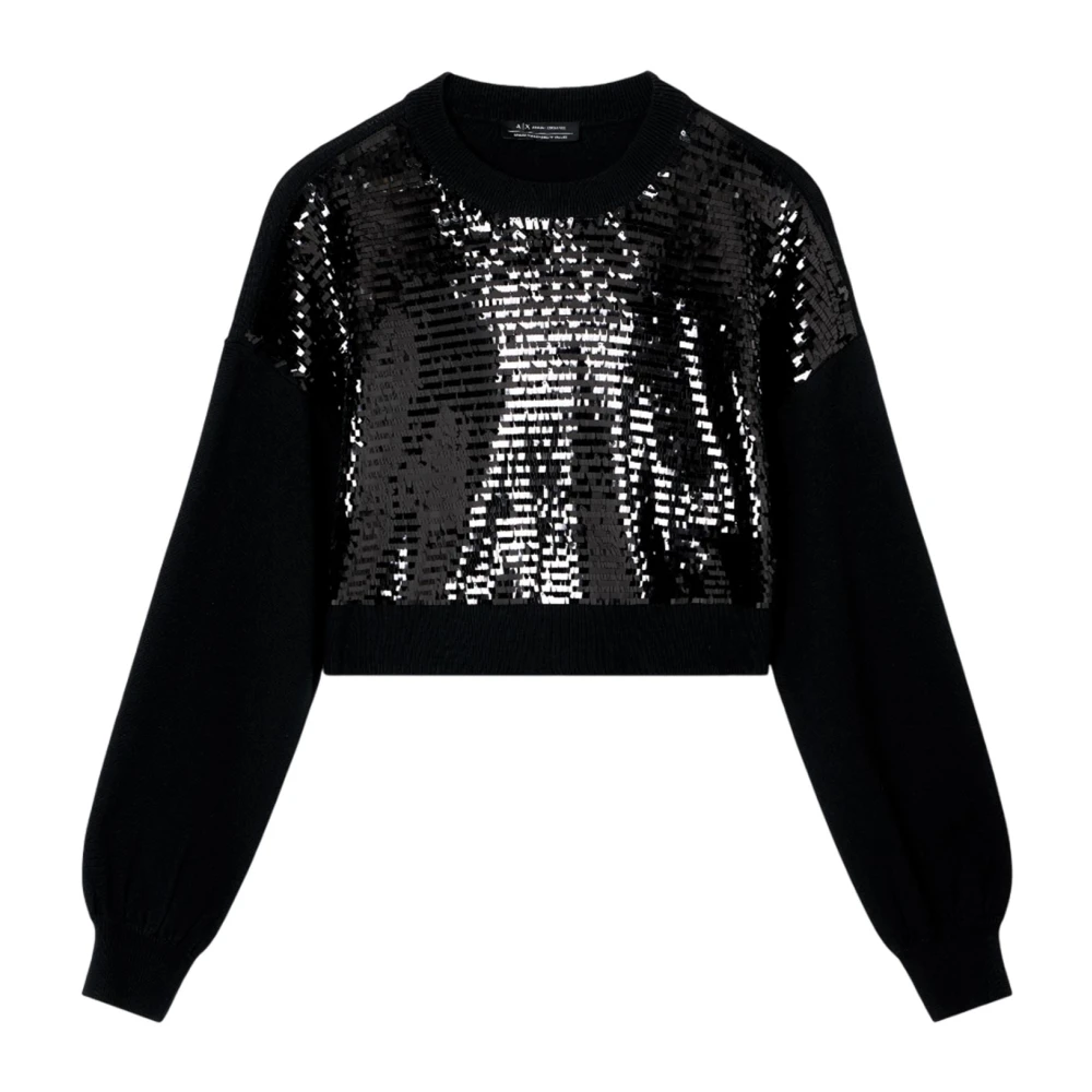 Armani Exchange Damen Schwarz Maglia Con Paillettes Girocollo Maniche Lunghe