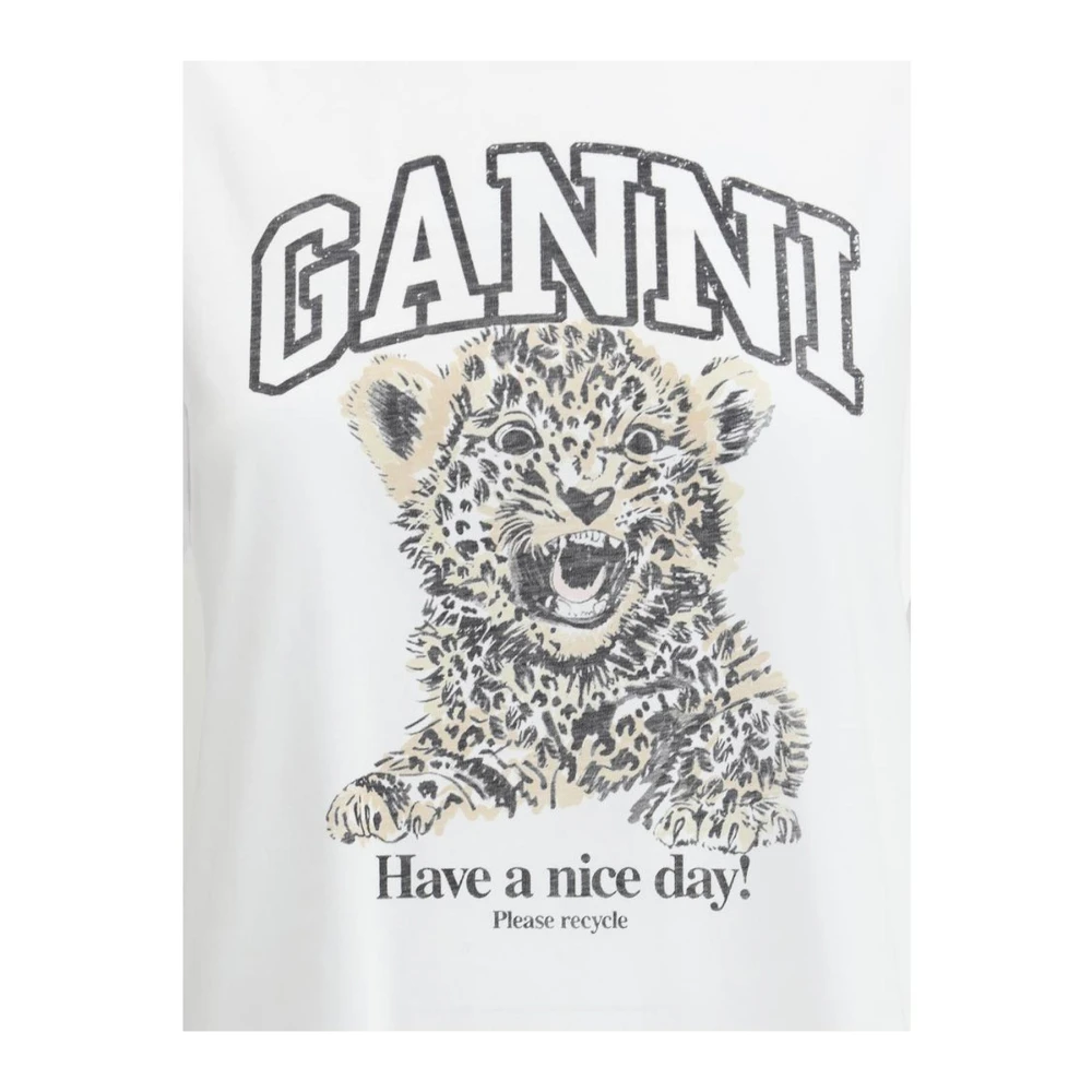 Ganni Luipaardprint Crew Neck T-Shirt White Dames