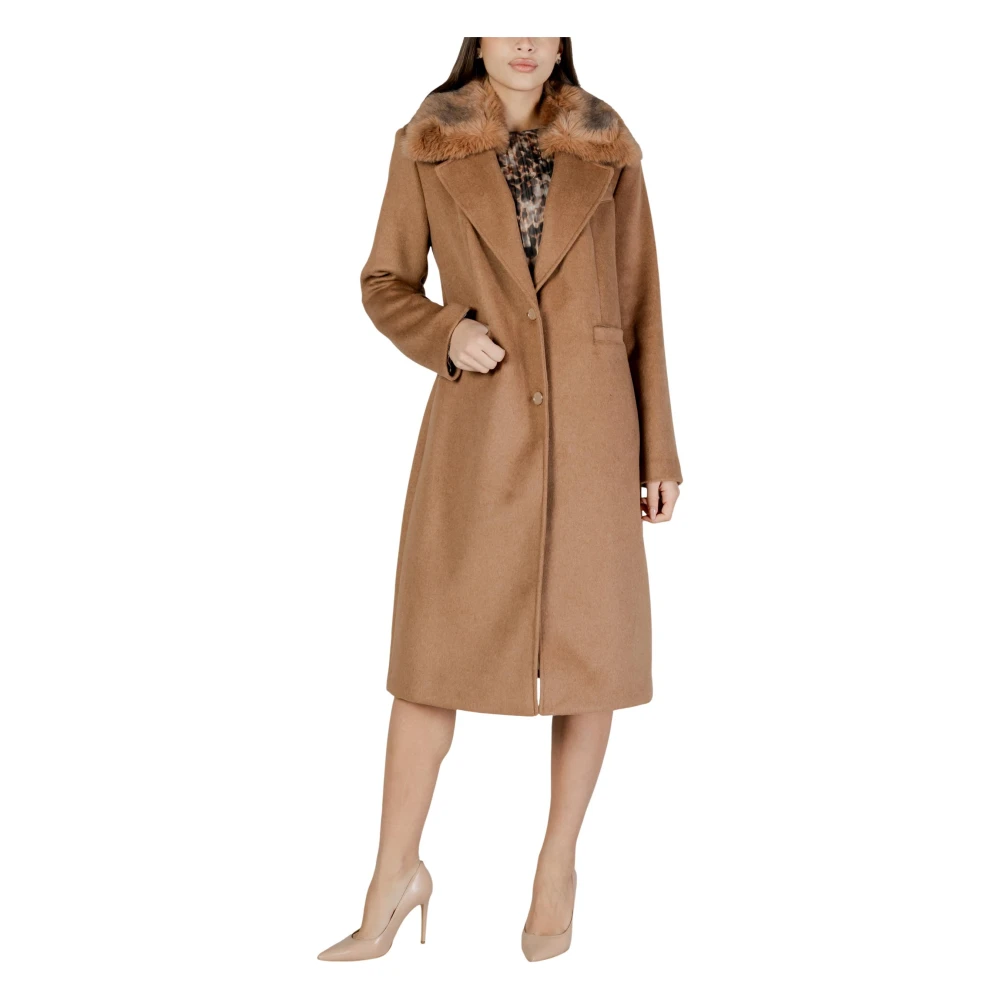 Guess Women's Beige Single-Breasted Coats, Xl, Karole Fur Collar Coat