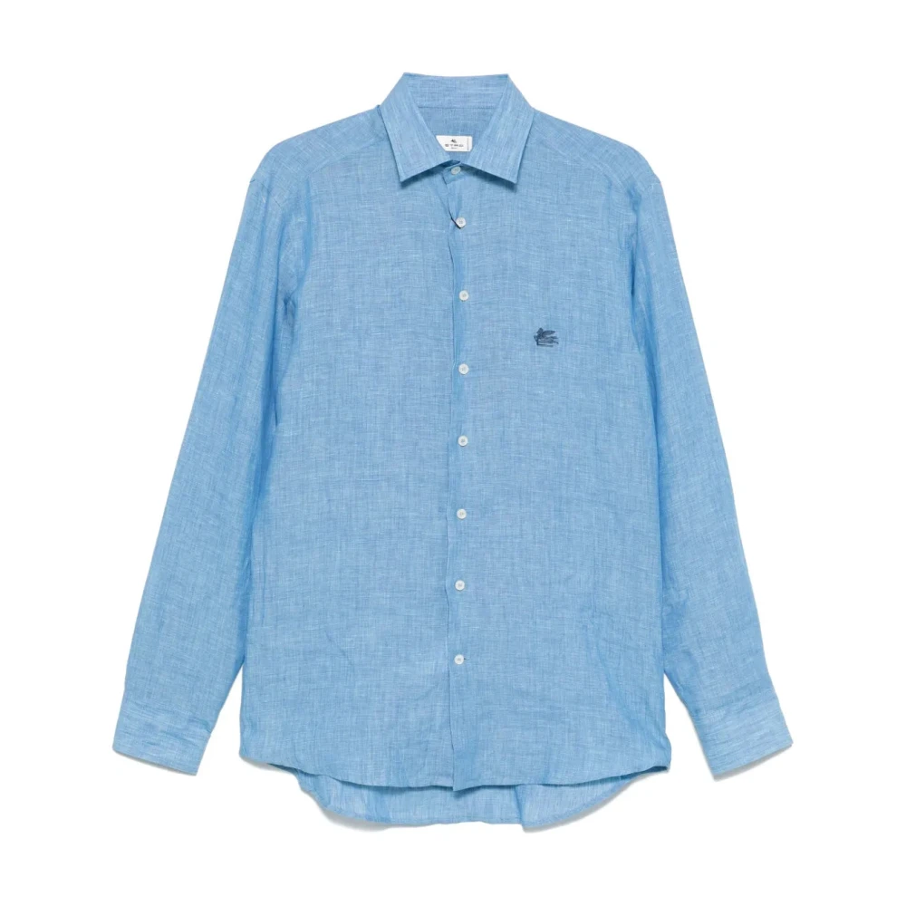 Etro Homme Bleu - Chemise En Lin Brodée À Manches Longues - Chemises - Taille: L