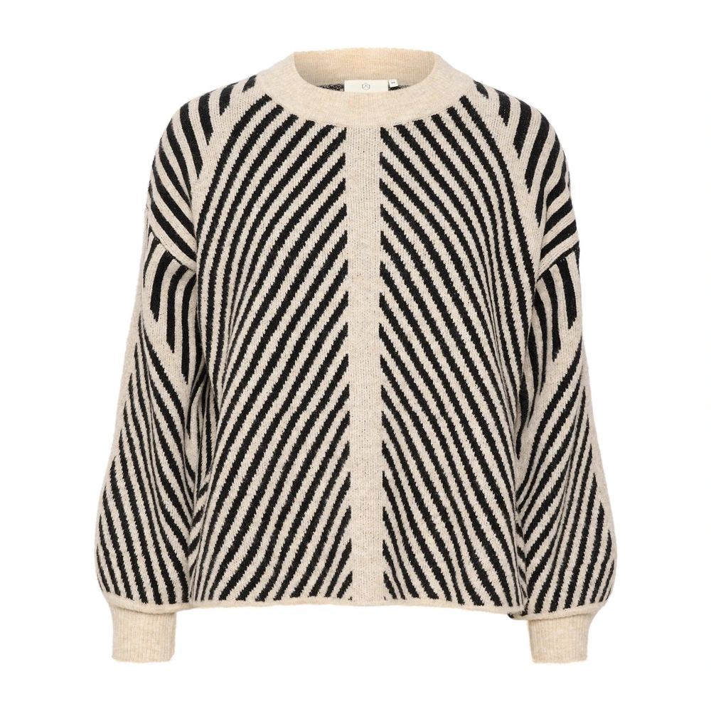 Kaffe Women's Multicolor Striped Knit Pullover Beige/Black - Round-Neck Knitwear - Xs - Knitwear