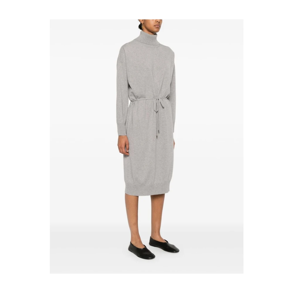 PESERICO Grijze Gebreide Jurk Hoge Hals Lange Mouw Gray Dames