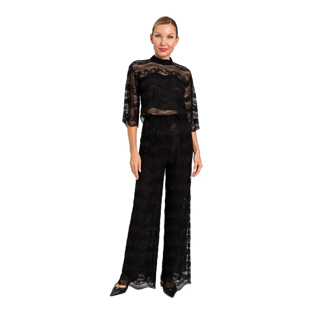 Twinset Women's Black Wide Trousers, M, Macramé Lace Wide Leg Trousers