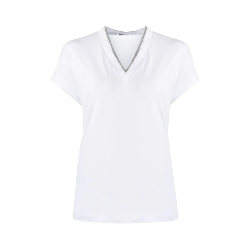 BRUNELLO CUCINELLI Zilveren Trim V-Hals T-Shirt White Dames