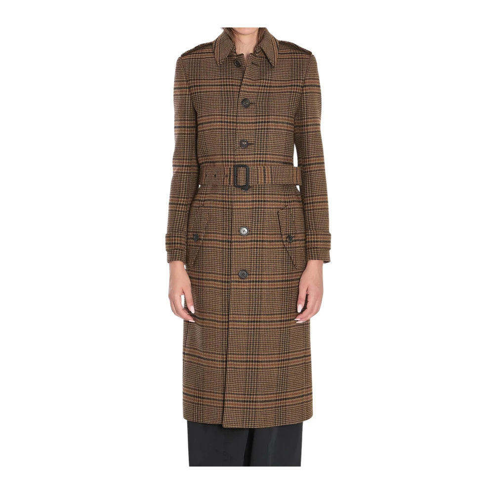 Saint Laurent Beige Houndstooth Trenchcoat Med Bälte
