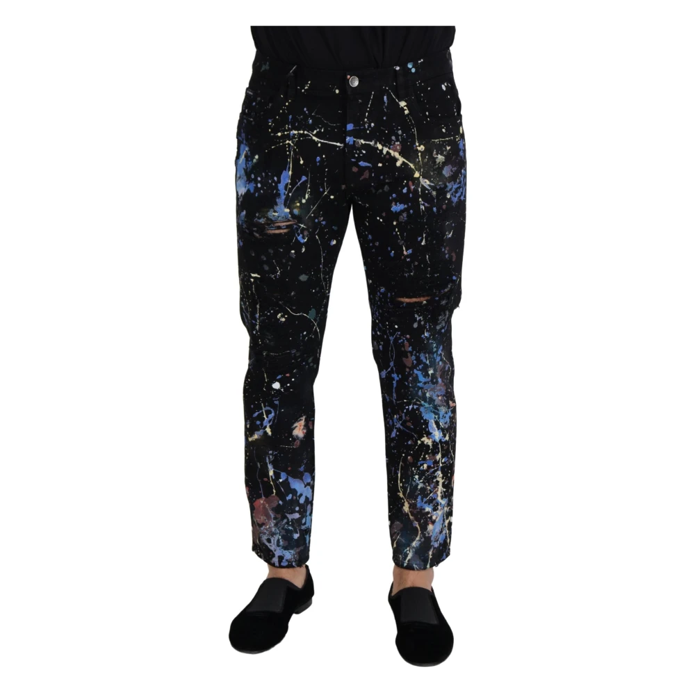 Dolce & Gabbana Uomo Nero Jeans In Denim Italiano Con Schizzi Di Colore