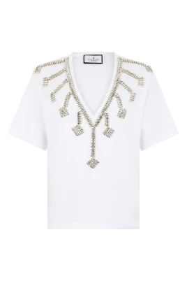 V-Neck T-Shirt Crystal Fringes