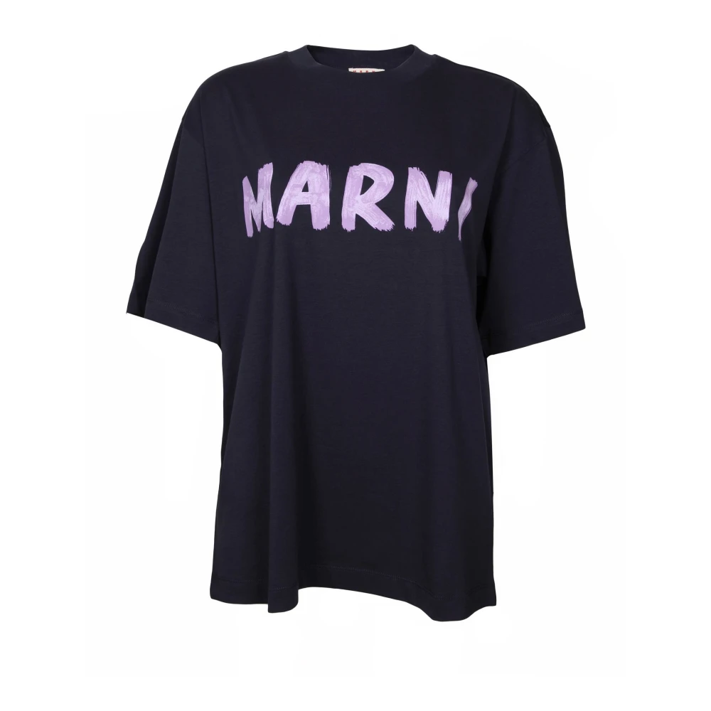 Marni Blauw Zwart Logo Katoenen T-shirt Blue Dames