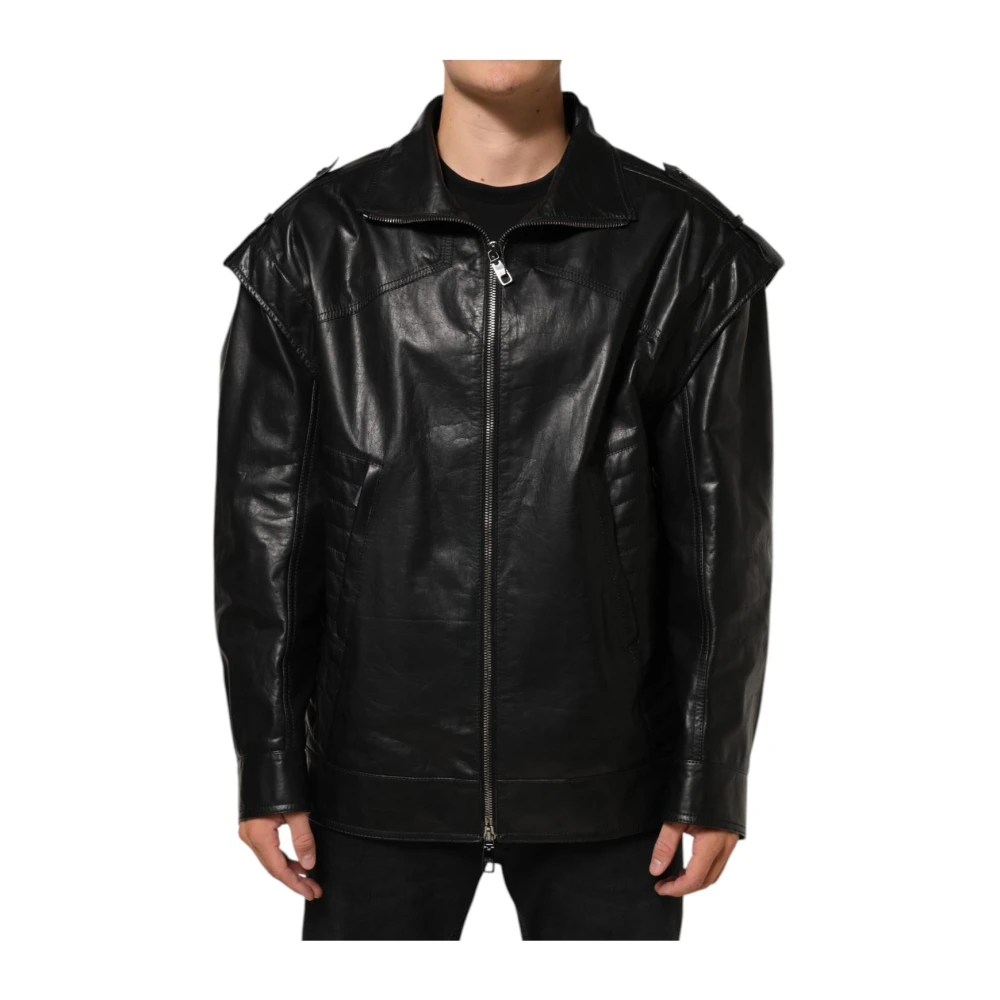 Dolce & Gabbana Men's Black Leather Jackets, 3XL, Full Zip Biker Blouson Jacket