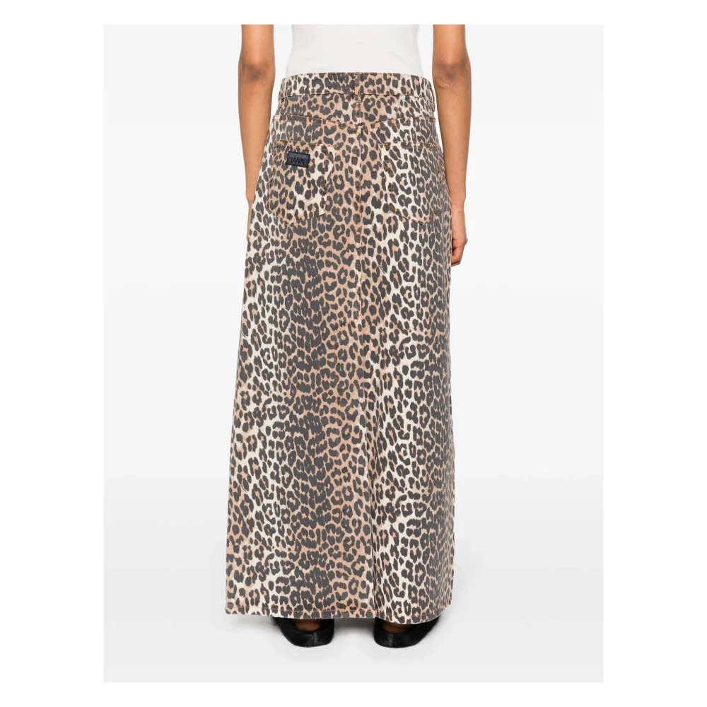 Ganni Leopard-Print Denim Midi Rok Brown Dames