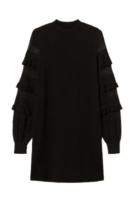 Miniklänning i stickat material med volanger och genombrutet nät