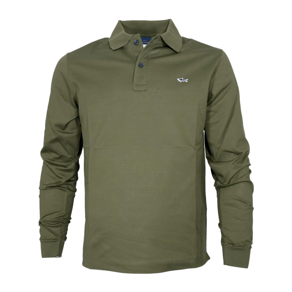Paul & Shark Green Polo Shirts, Male, 2XL, Long Sleeve Cotton Pique Polo