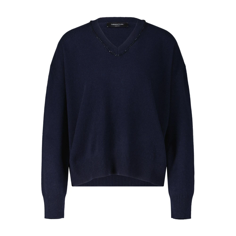 Fabiana Filippi Zijde Blend Pailletten V-hals Trui Blue Dames