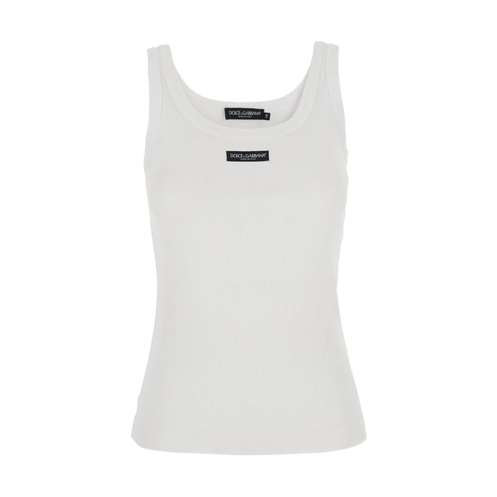 Dolce & Gabbana , Sleeveless Tops, Female, White, L, Logo Cotton Tank Top