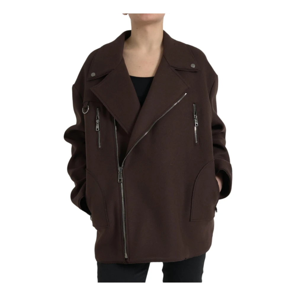 Dolce & Gabbana Women's Brown Light Jackets, S, Dark Wool Biker Jacket