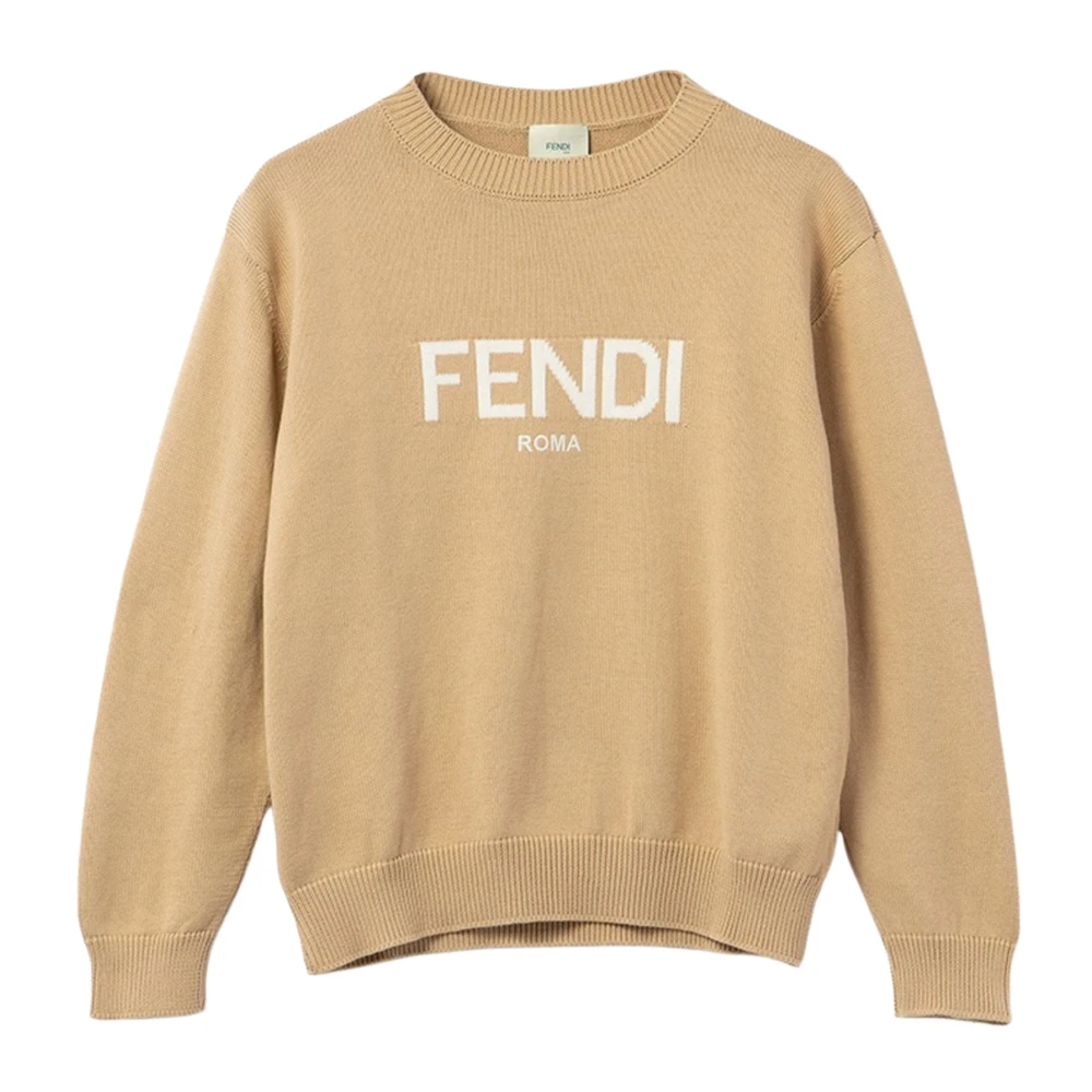 Fendi Sand Stickad Tröja Rund Hals Lång Ärm Beige, Unisex