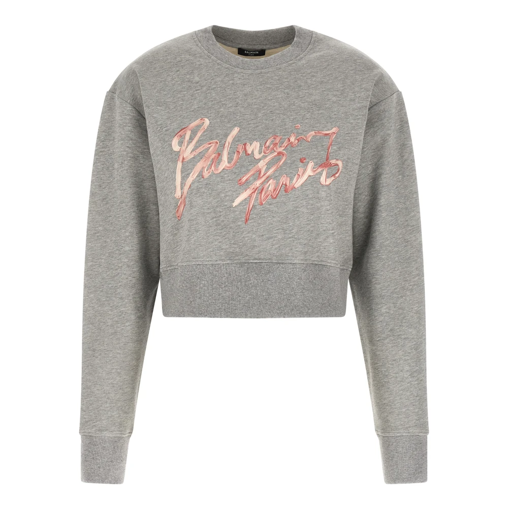 Balmain Gray Cropped Printed Cotton Sweatshirt - Female - Sweatshirts - Xs - Sweatshirts & Hoodies