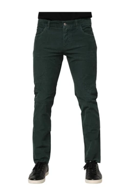 Grön Corduroy Skinny Tapered Dragkedja Byxor