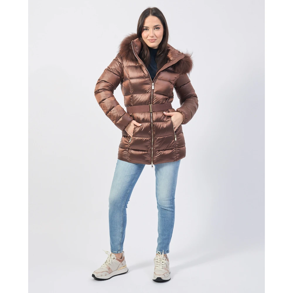 YES ZEE Gewatteerde Bruine Jas met Bontcapuchon Brown Dames