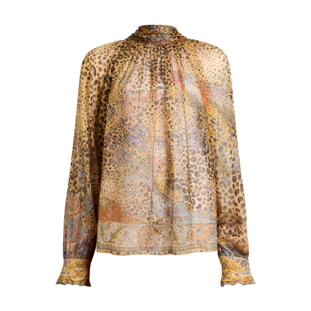 Etro Brown Silk Chiffon Blouse With Silk Scarf And Paisley And Animal Motif - Female - Blouses - M - Blouses & Shirts