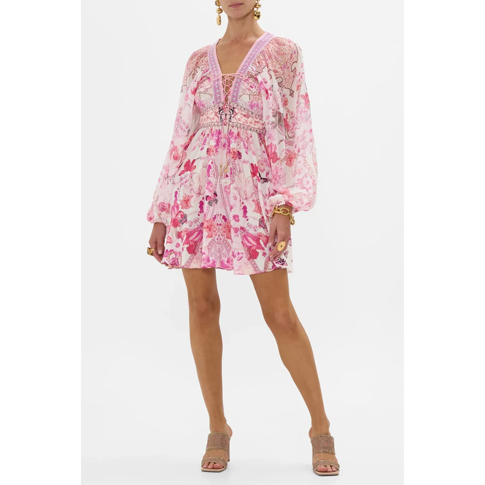 Camilla Botanische Novelle Lace Up Korte Jurk Pink Dames