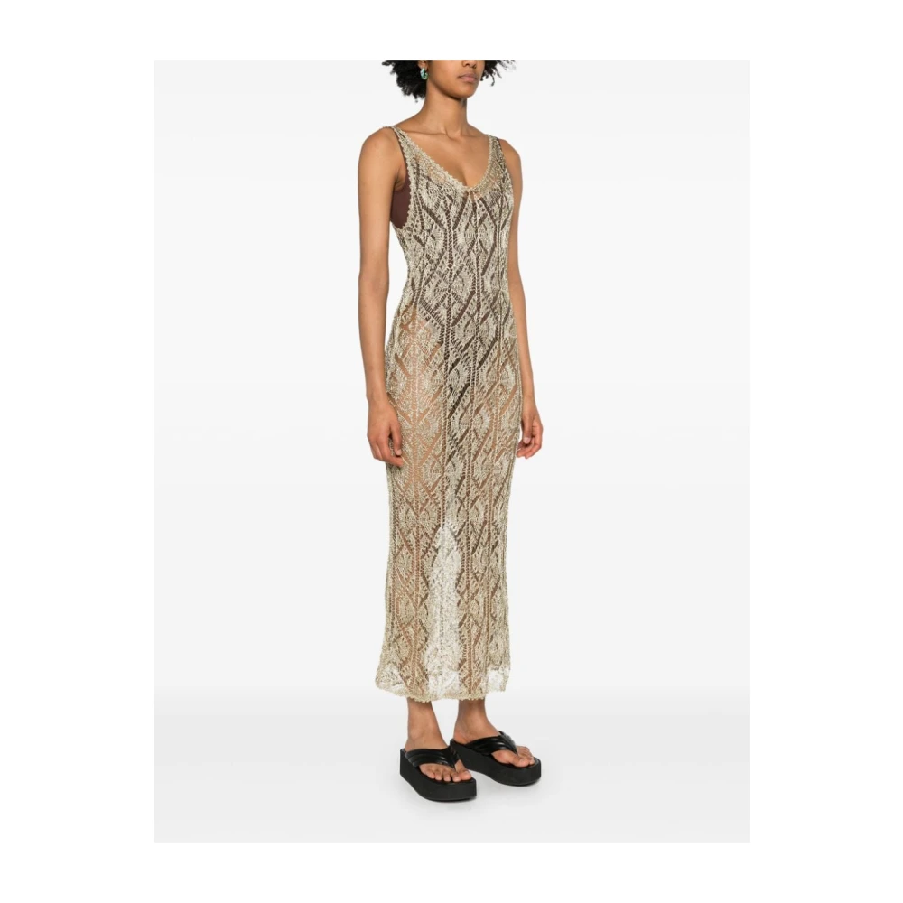 Ganni Midi V-Neck Metallic Jurk Beige Dames