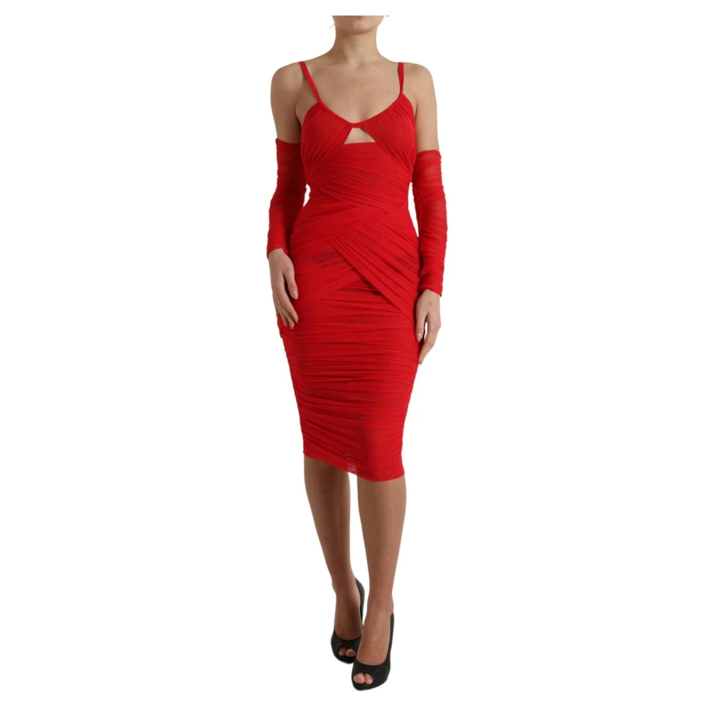 Dolce & Gabbana , Midi Dresses, Female, Red, M, Red Ruched Mesh Midi Dress