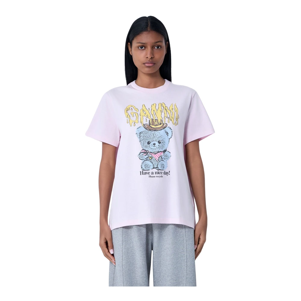 Ganni Women's Pink Logo Motif T-Shirt - T-Shirts - S - Tops
