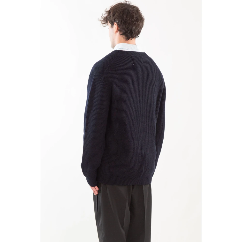 Seven Gauge Geribbelde Merinos V-hals Trui Blue Heren