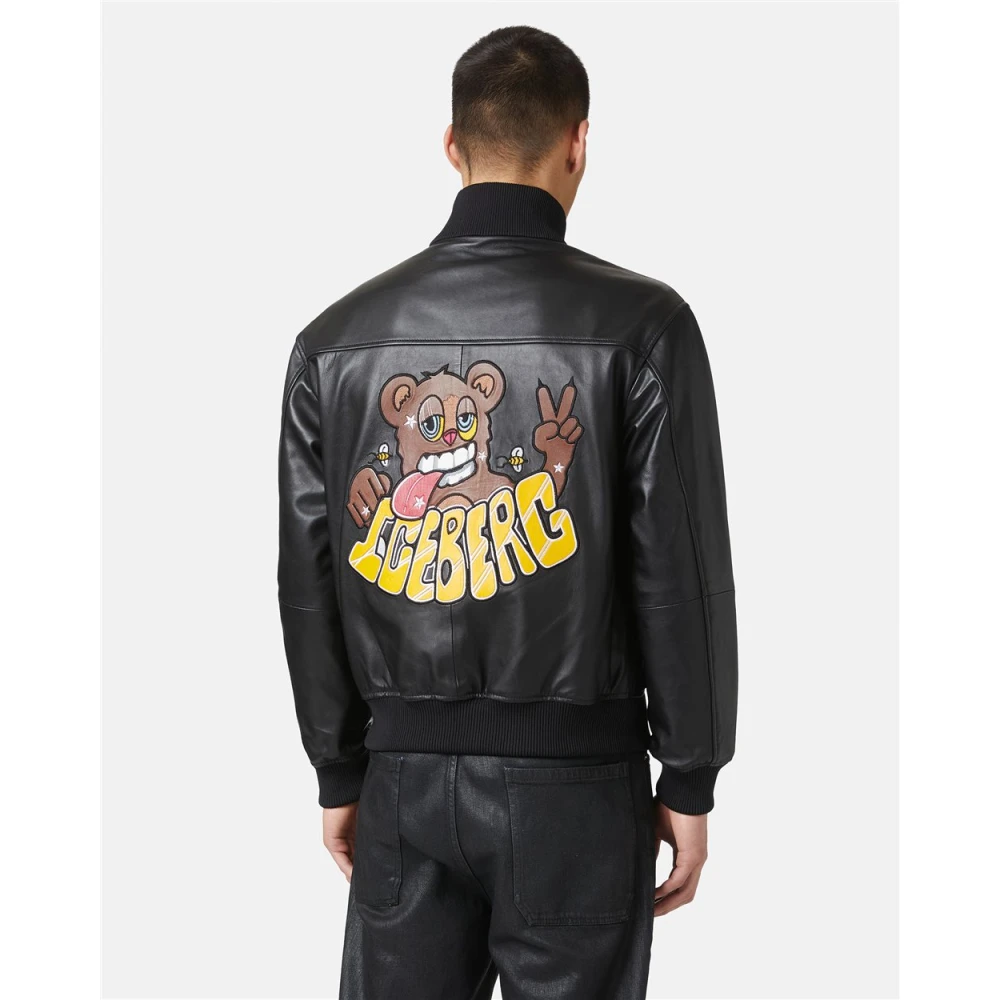 Iceberg Leren bomberjack met beerdetail Black Heren