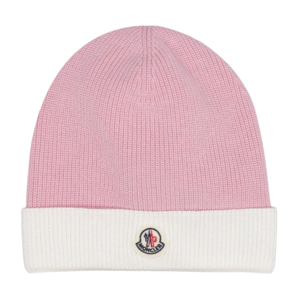 Moncler Rosa Ribbstickad Barn Beanie Mössa Pink, Flicka