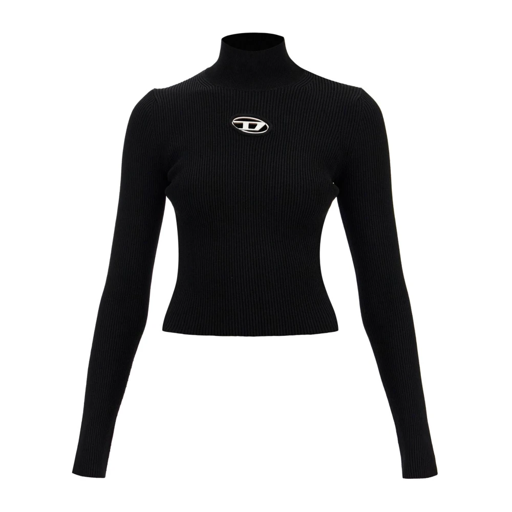 Diesel Geribbeld T-shirt met Lange Mouwen en Oval-D Uitsnede Black Dames