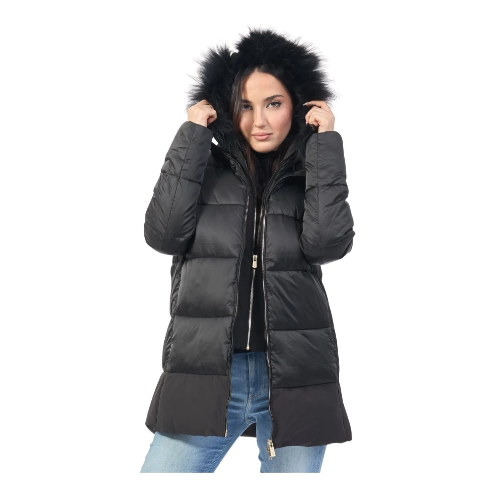 YES ZEE Zwarte Gewatteerde Jas met Bont Capuchon Black Dames