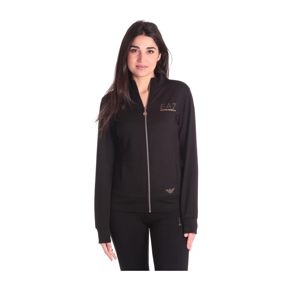 Emporio Armani EA7 Full-Zip Sweater Zwart Stud Logo Black Dames