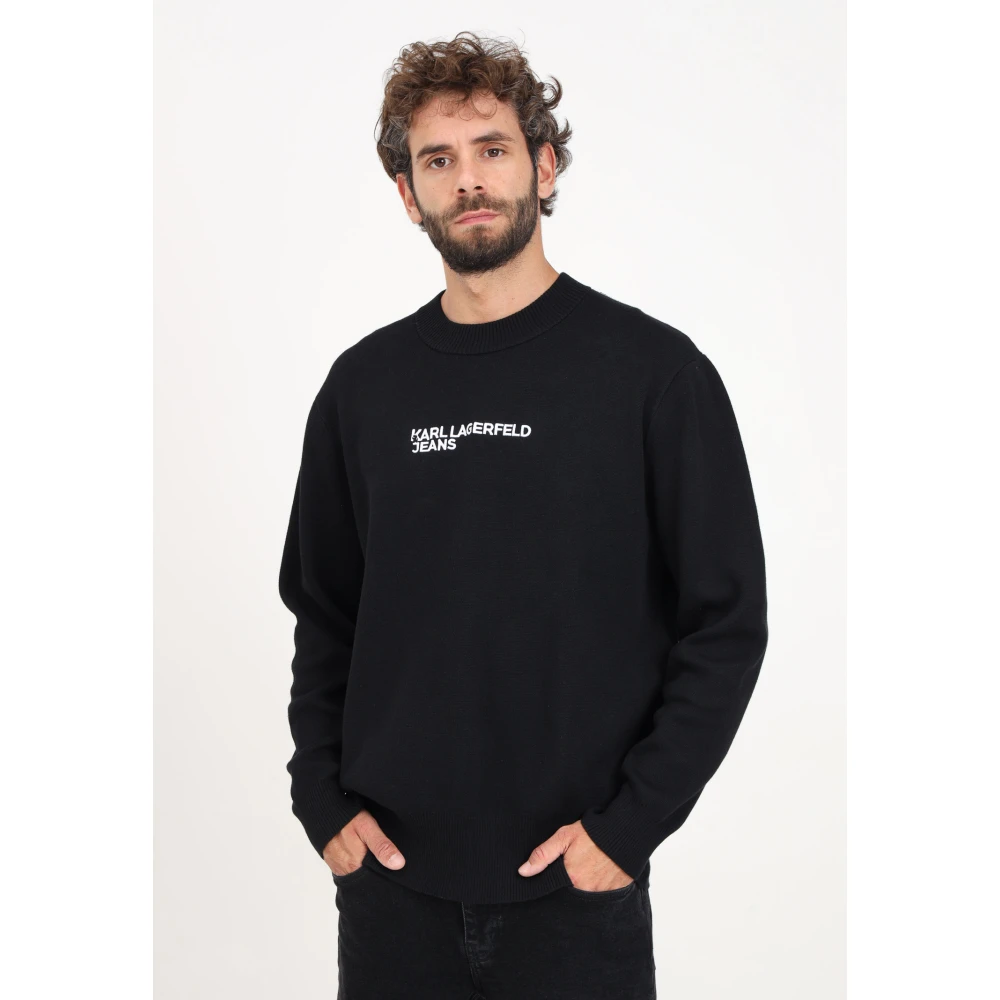 Karl Lagerfeld Zwarte Crew-Neck Sweater met Logo Borduursel Black Heren