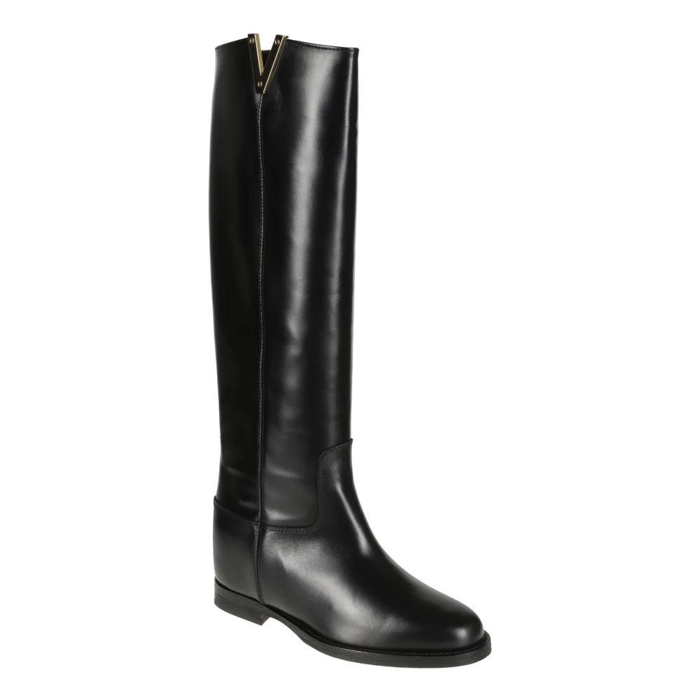 Via Roma 15 Zwarte Leren Laarzen met Gouden V-Detail Black Dames