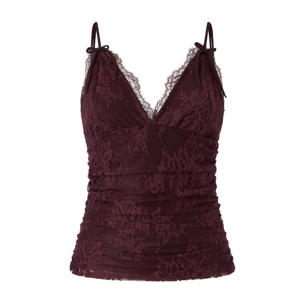 Pinko Women's Red Sleeveless Tops, S, Floral Lace Overlay V-Neck Ruched Sleeveless Top