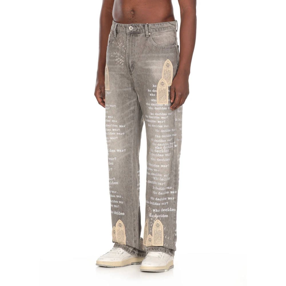 Who Decides War Grijze Katoenen Jeans met Geborduurd Logo Gray Heren