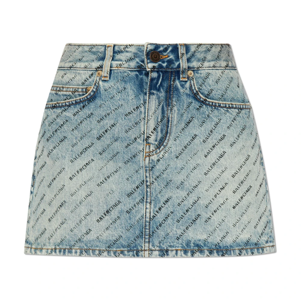Balenciaga Logo Print Denim Rok Blue Dames