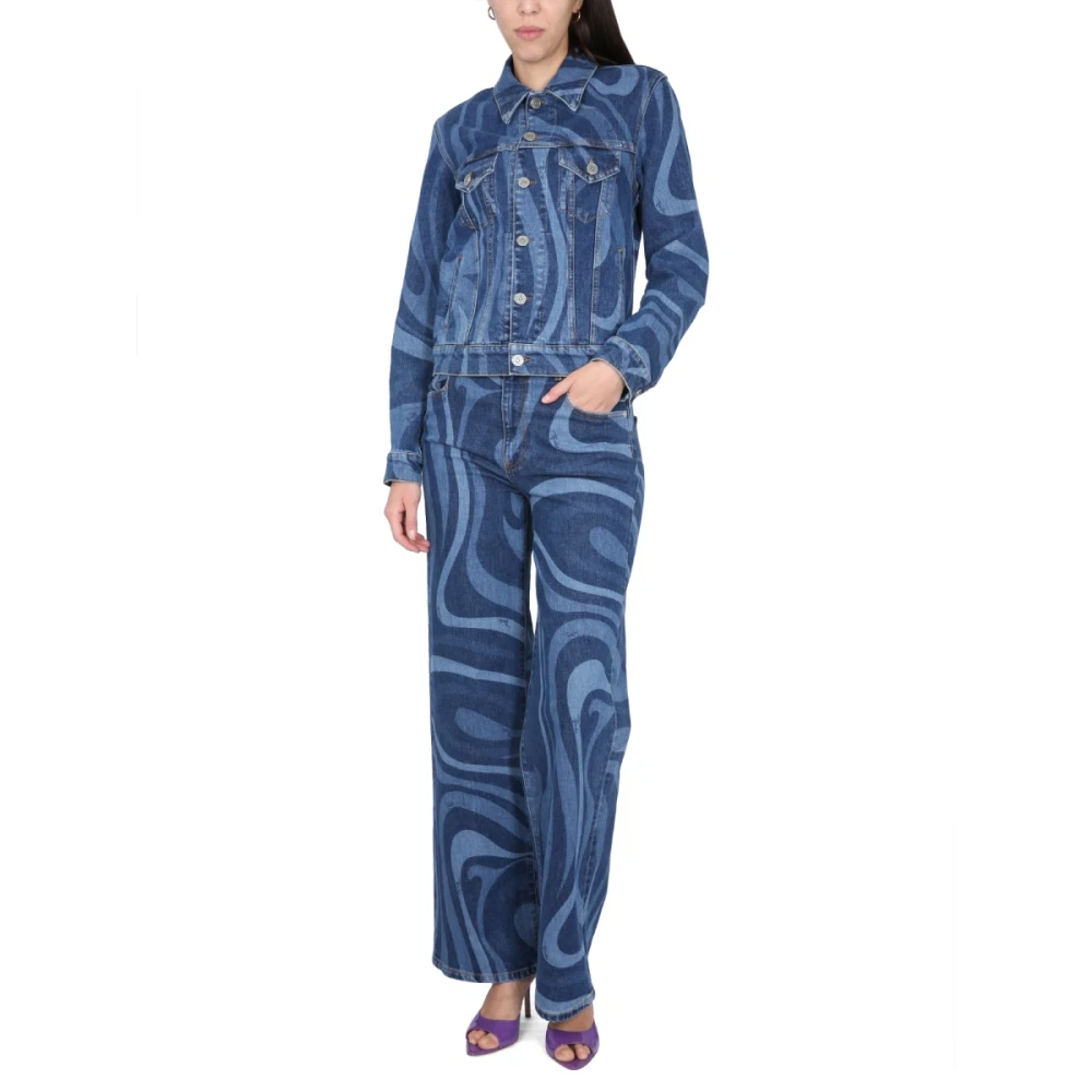 EMILIO PUCCI Marmer Print Denim Jack Vrouwen Knoop Blue Dames